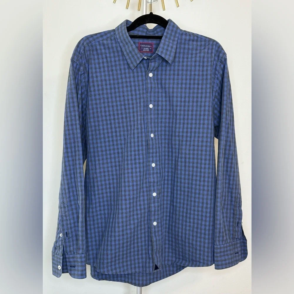 Men’s UnTuck-it Blue Gray checkered button down cotton shirt casual preppy XL